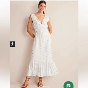 Boden Women's White Tranquil Leaf Smocked Jersey Maxi Dress coastal cottage